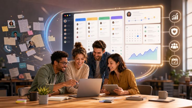 Small business CRM illustration showing customer profiles, sales pipeline cards, follow-up reminders, invoices, support messages, and team collaboration organized inside one central dashboard.