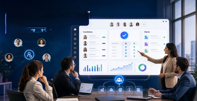Recruitment CRM dashboard displayed in a meeting room, showing candidate lists, client records, analytics charts, and team collaboration around hiring pipeline insights.