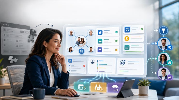 Insurance CRM software dashboard helping an agent manage policyholders, communications, workflows, renewals, and customer relationships.