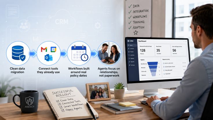 Insurance CRM software rollout connecting clean data, email, calendars, policy workflows, and agents through a centralized dashboard.