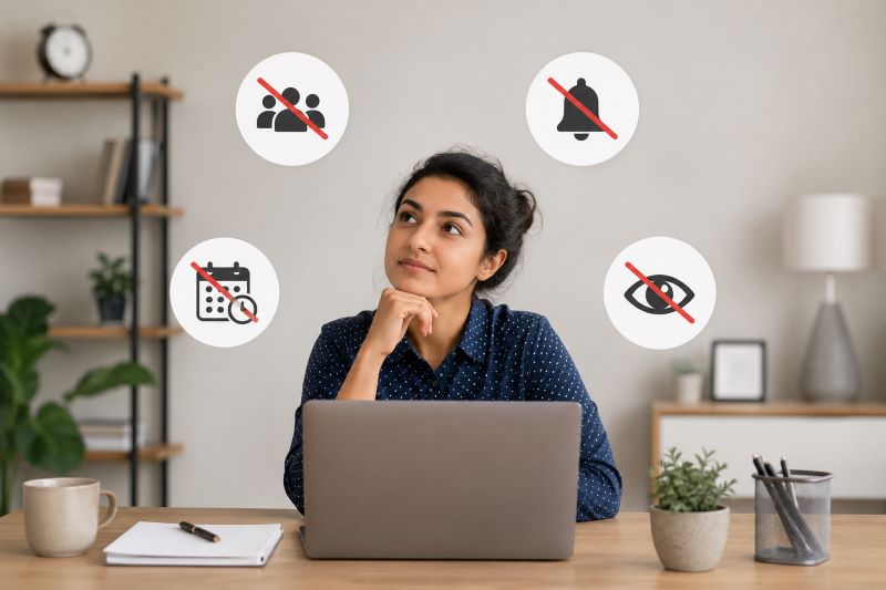 Solo business owner working at a laptop in a calm office, with simple crossed-out icons representing few customers, minimal follow-ups, and no immediate need for CRM software.