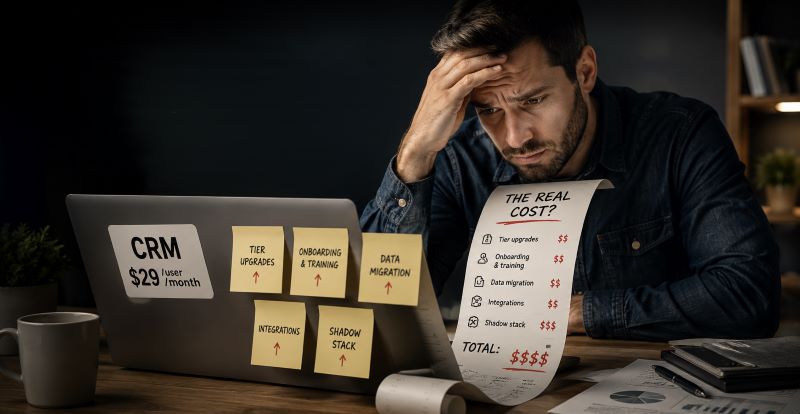 Small business owner reviewing hidden CRM software costs, including tier upgrades, onboarding, data migration, integrations, and additional expenses beyond the advertised monthly price.