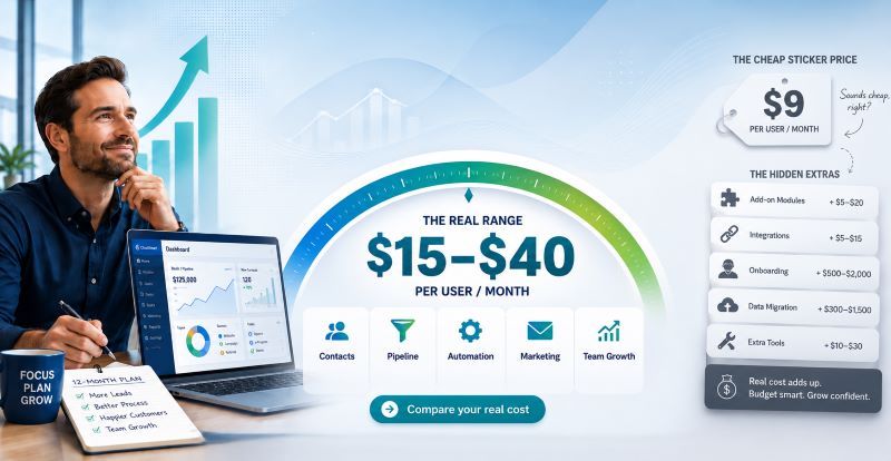 CRM software cost infographic showing the realistic monthly pricing range of $15–$40 per user for small businesses, including CRM features and common hidden costs like onboarding, integrations, and data migration.