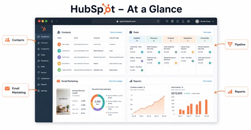 HubSpot CRM dashboard showing contacts, sales pipeline, email marketing, and reporting tools for small businesses