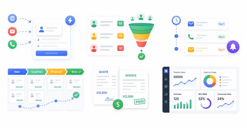 Sales pipeline automation for small business showing CRM lead capture, automated follow-up reminders, deal stages, quotes, invoices, and sales performance dashboard.