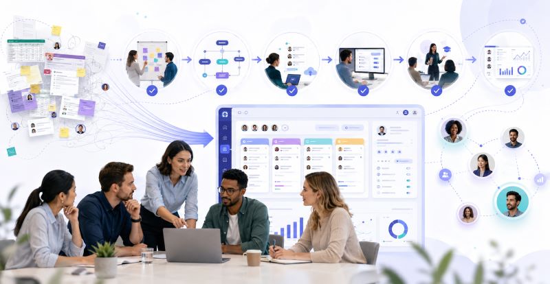 Team collaborating around a CRM dashboard, with a visual workflow showing planning, process mapping, data management, system setup, training, and performance analysis.