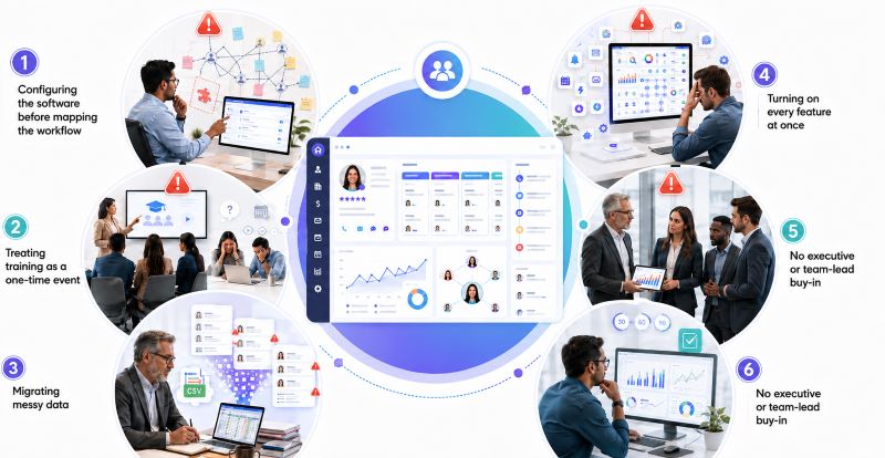 5 common CRM implementation mistakes — skipping workflow mapping, one-time training, messy data migration, enabling all features at once, and no leadership buy-in.