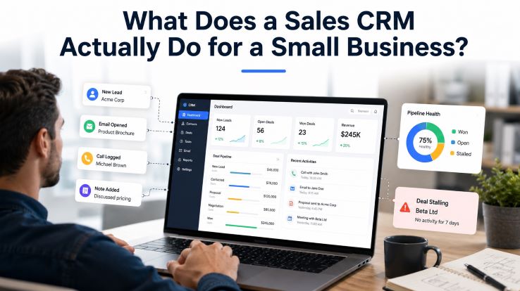 What Does a Sales CRM Actually Do for a Small Business?' showing a person viewing a CRM dashboard on a laptop with 124 new leads, 56 open deals, 23 won deals, and $245K revenue. The screen displays a deal pipeline with stages from New Lead to Won, recent activities log, and a pipeline health chart showing 75% healthy with Won, Open, and Stalled deal segments. Side callouts show CRM activity tracking including new lead from Acme Corp, email opened, call logged, and note added, plus a deal stalling alert for Beta Ltd with no activity for 7 days.