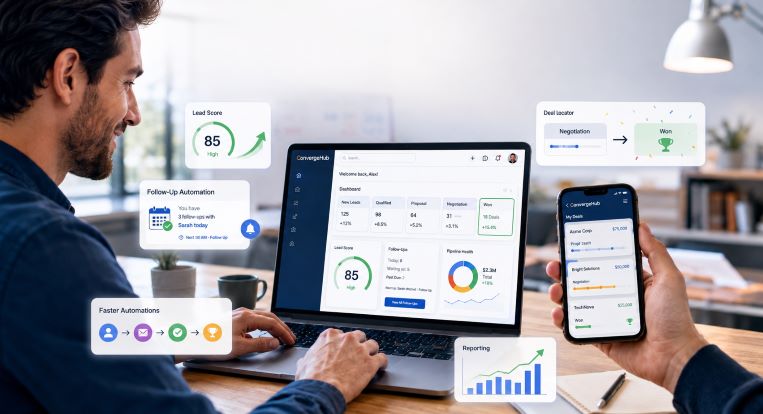 A professional works at a laptop displaying a sales dashboard while holding a smartphone with matching CRM data in a bright modern office. Floating interface panels show lead scores, follow-up automation, deal progress, pipeline automation, and reporting analytics, illustrating a connected sales workflow.