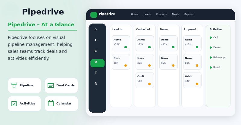 Pipedrive sales CRM dashboard with visual deal pipeline, activity management, and sales tracking features