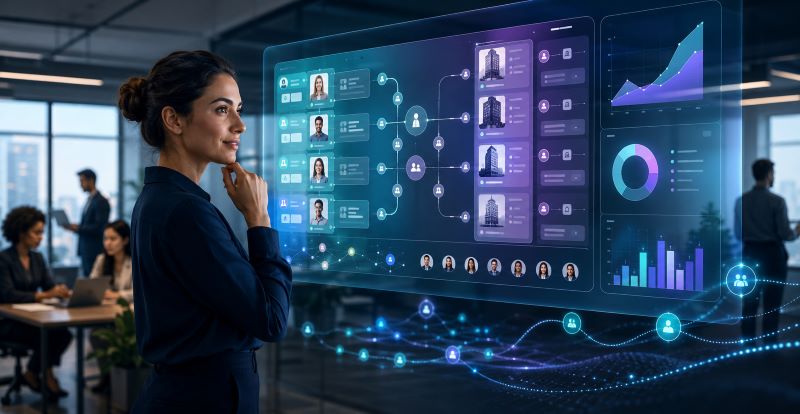 Recruitment CRM interface showing a recruiter reviewing candidate profiles, workflow connections, and client account stages on a digital dashboard in a modern office.