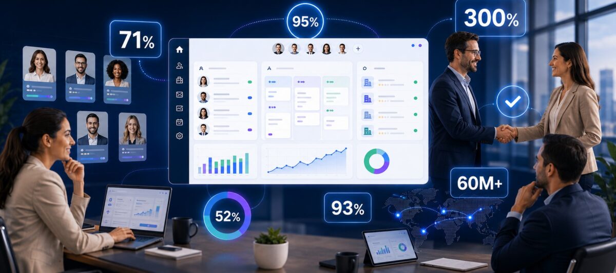 Recruitment CRM dashboard with candidate profiles, hiring analytics, percentage metrics, and recruiters meeting clients in a modern office setting.