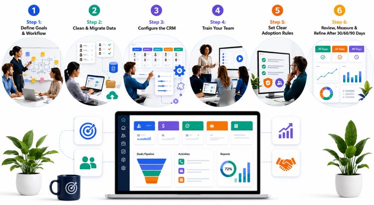 **Alt Text:** Six-step CRM implementation infographic showing goal setting, data cleaning and migration, CRM configuration, team training, adoption rules, and 30/60/90-day performance review around a central CRM dashboard.