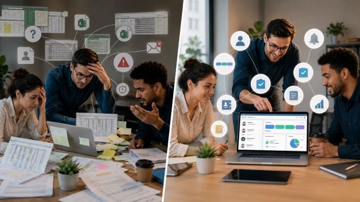Small business team comparing spreadsheets with CRM software, showing why growing companies switch to organized customer records, automated follow-ups, shared data, sales pipelines, and real-time insights.