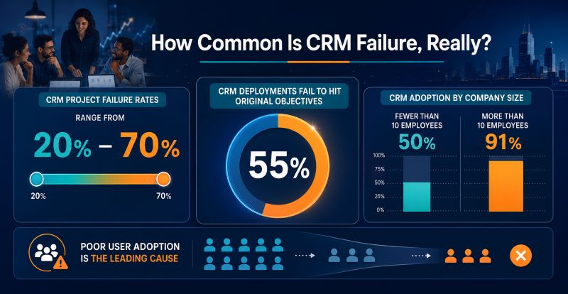CRM failure infographic showing project failure rates from 20% to 70%, 55% of deployments missing objectives, CRM adoption by company size, and poor user adoption as the leading cause.
