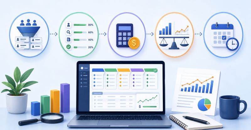 Sales forecasting for small business dashboard showing lead qualification, deal probability, revenue calculations, performance analysis, and scheduled forecast reviews.