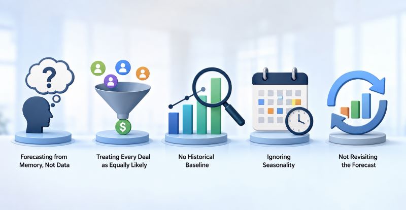 Common sales forecasting for small business mistakes, including relying on memory, treating deals equally, lacking historical data, ignoring seasonality, and not updating forecasts.