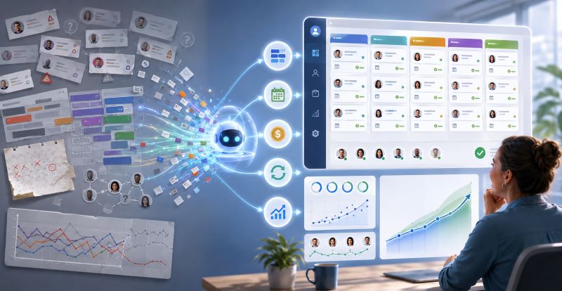 AI-powered sales forecasting dashboard transforming scattered CRM data into organized pipelines, performance insights, and predictive revenue trends.