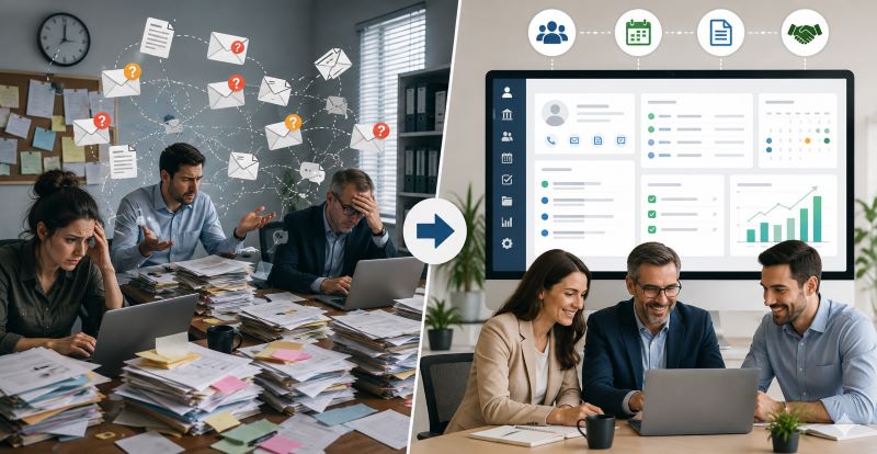 Illustration showing accountants at a CPA firm struggling with spreadsheets, missed client follow-ups, and disorganized data — highlighting the signs a firm needs a CRM for CPA firms to streamline client management, protect relationships, and drive growth.