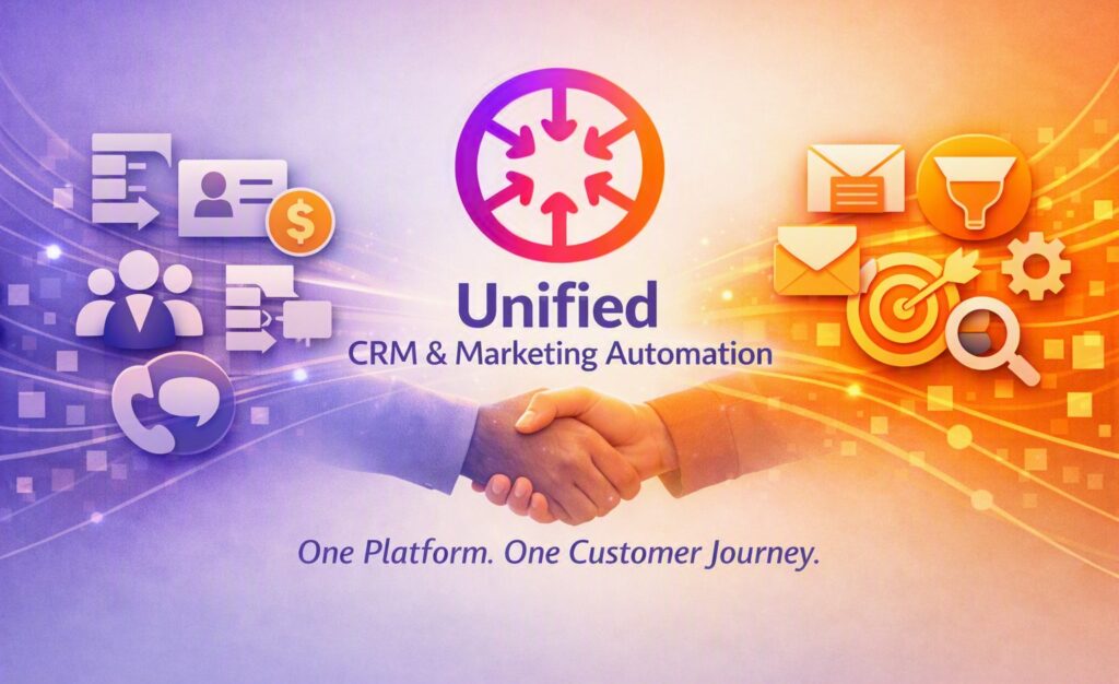 Illustration showing the ConvergeHub logo at the center with glowing lines connecting CRM icons on the left and Marketing Automation icons on the right, symbolizing unified customer management. The tagline reads “Unified CRM & Marketing Automation — One Platform. One Customer Journey.