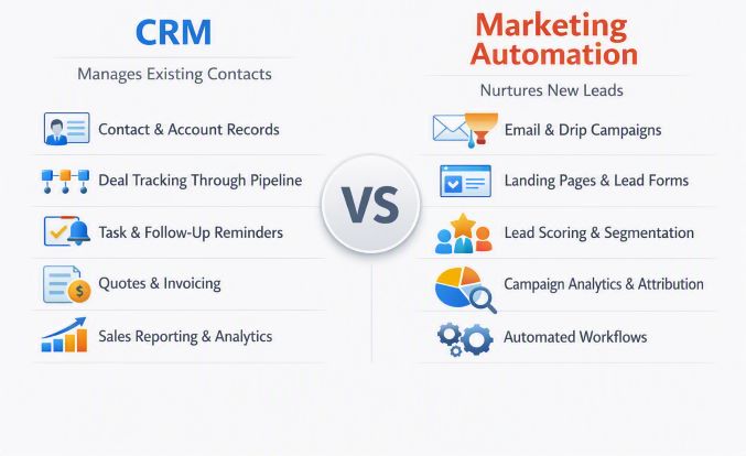 CRM and marketing automation platform showing customer data, lead management, automated marketing campaigns, sales pipeline tracking, email automation, customer engagement, and business growth analytics in one integrated workflow.