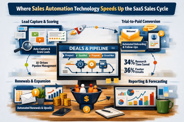 Diagram showing where sales automation technology speeds up the SaaS sales cycle stages
