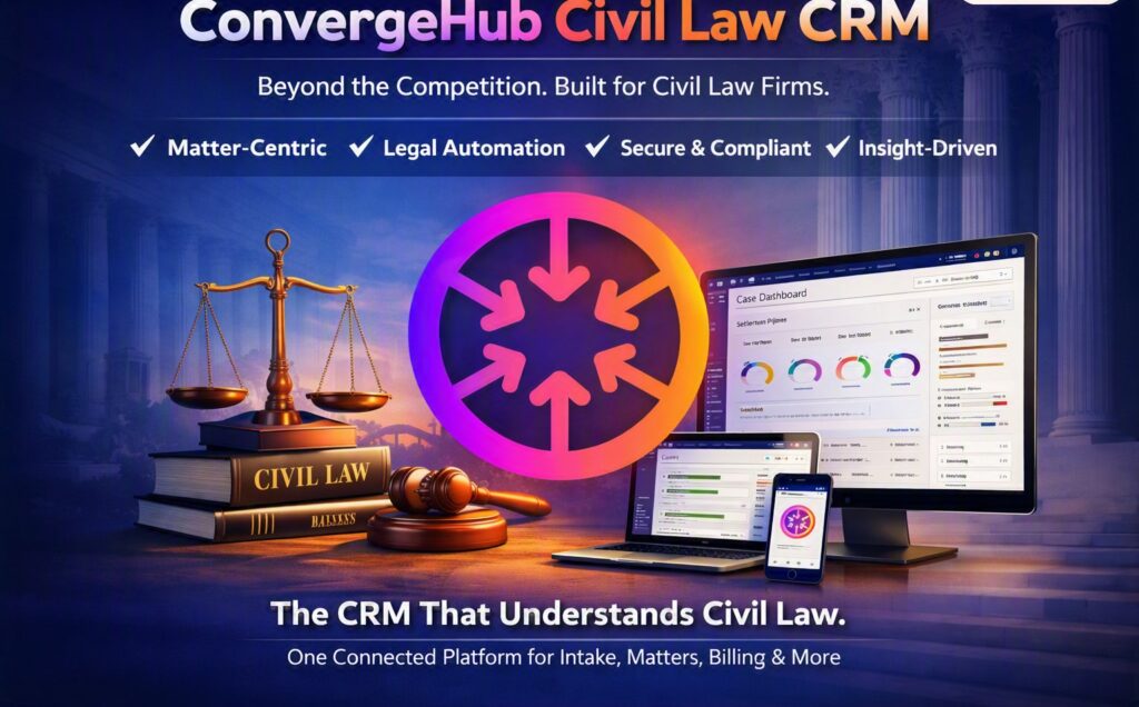 Promotional graphic showing ConvergeHub Civil Law CRM with a glowing purple‑to‑orange convergence logo, courthouse columns, and legal symbols like a balance scale and law books labeled “Civil Law.” A computer monitor, laptop, and smartphone display the CRM dashboard with case tracking and settlement pipeline charts, highlighting features such as matter‑centric workflow, legal automation, security, and insight‑driven analytics.
