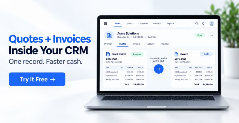 CRM with quotes and invoices on laptop screen – Create and send invoices without switching tools