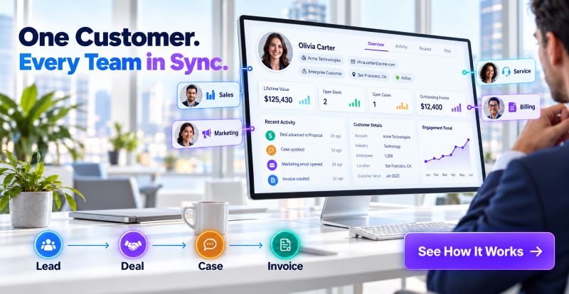 CRM customer 360 timeline showing Lead to Deal to Case to Invoice with sales, marketing, service and billing teams sharing one customer record