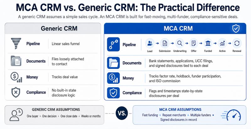 MCA CRM vs. generic CRM — the practical difference for merchant cash advance CRM in the USA