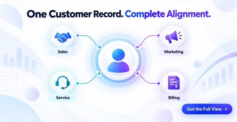 CRM customer 360 central hub showing one customer record connected to sales, marketing, service and billing teams