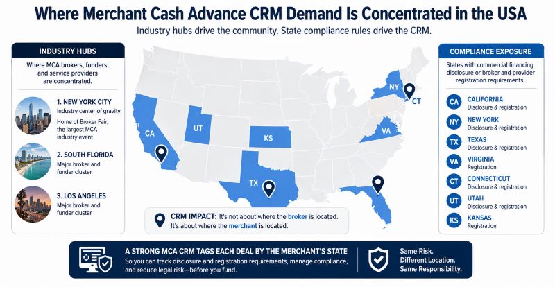 Where merchant cash advance CRM in the USA demand is concentrated — MCA hubs like NYC, South Florida, and LA