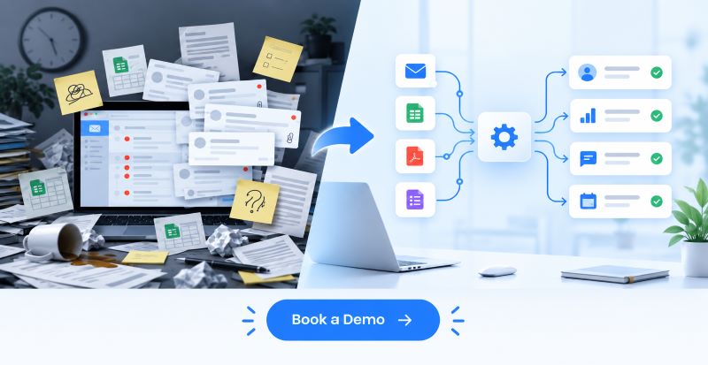 AI powered CRM dashboard transforming a cluttered manual workflow into an organized automated workspace, with connected apps, streamlined data, and a “Book a Demo” call-to-action.